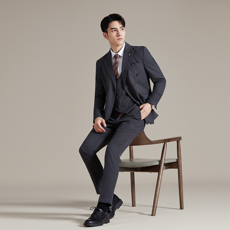 男士商务休闲西装华夫格韩版修身西服三件套2522-P285图片