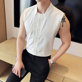 夏季立领格纹无袖衬衫时尚休闲免熨衬衣背心男CS040-P58，男装背心/马甲，星座1606-1