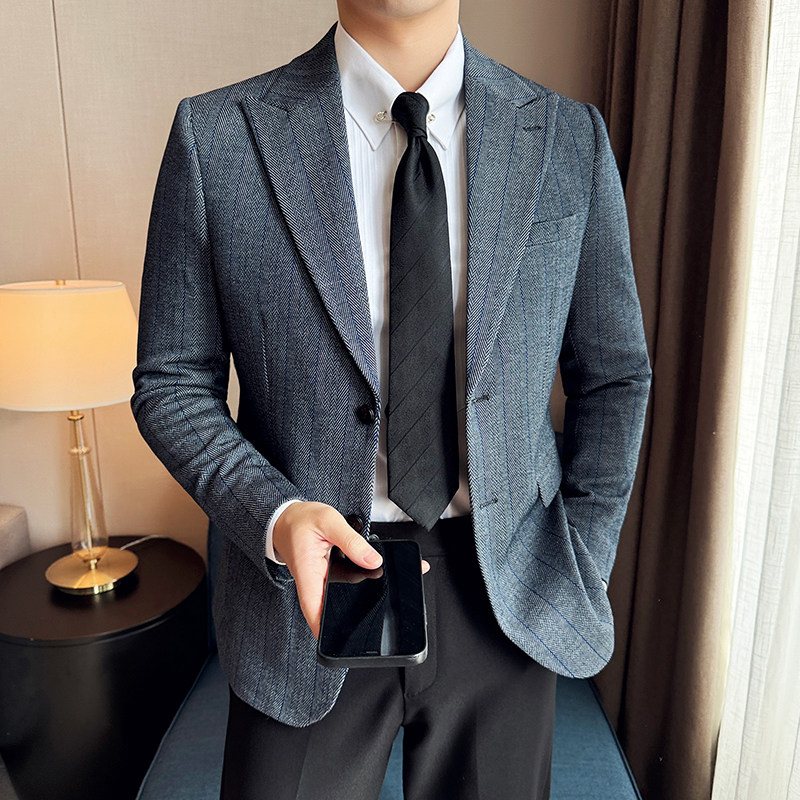 韩版修身西服人字纹宽条纹西装外套DX23-P148,男装西服套装,星座1606-1