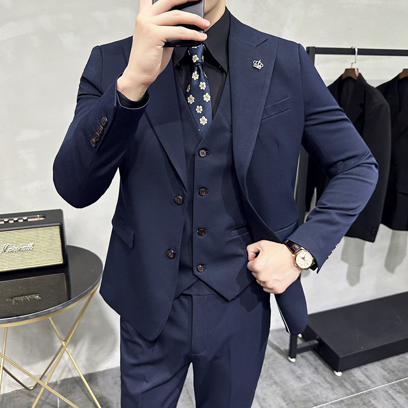 两粒扣戗驳领西服韩版修身商务西装三件套8802A-P235,男装西服套装,星座1606-1