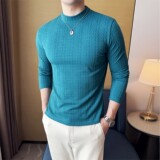 DS051-P48半高领立体提花双线条纹T恤时尚百搭男士长袖打底衫，男装T恤，星座1606-1