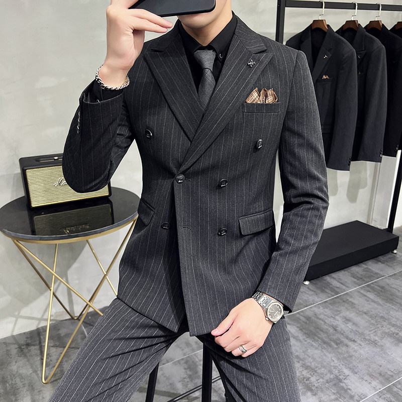 韩版修身商务西服条纹双排扣西装三件套1821-P280,男装西服套装,星座1606-1