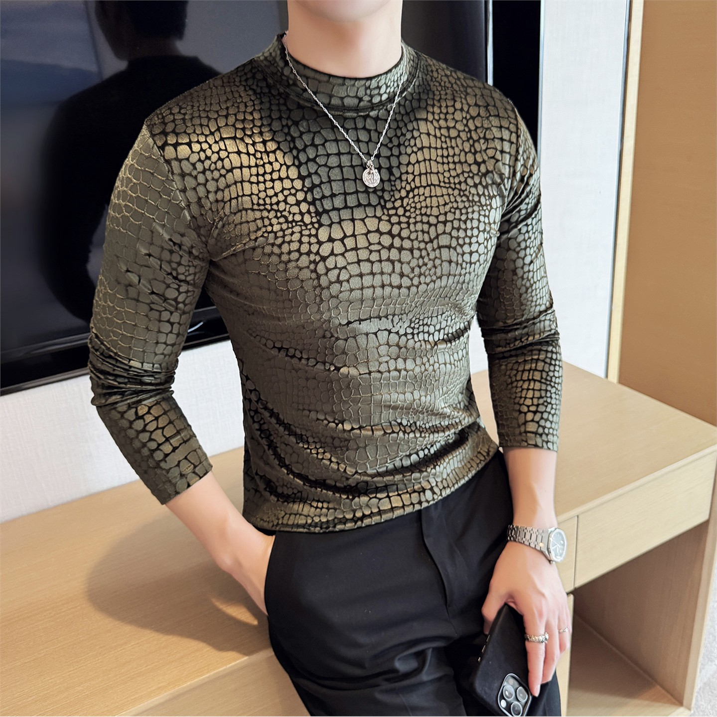 DS049-P48金丝绒蛇皮纹半高领T恤时尚修身立体打底衫,男装T恤,星座1606-1