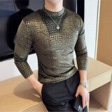 DS049-P48金丝绒蛇皮纹半高领T恤时尚修身立体打底衫，男装T恤，星座1606-1