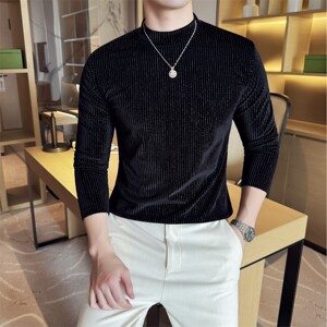 DS045-P48坑条纹半高领T恤金丝绒男士修身立体打底衫