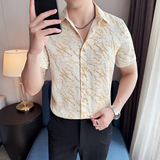 肌理纹短袖衬衫提花褶皱韩版修身免熨衬衣男CS021-P58，男装T恤，星座1606-1