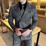 男士商务休闲西服流星雨条纹双排扣时尚潮流西装三件套2525-P285，男装西服套装，星座1606-1
