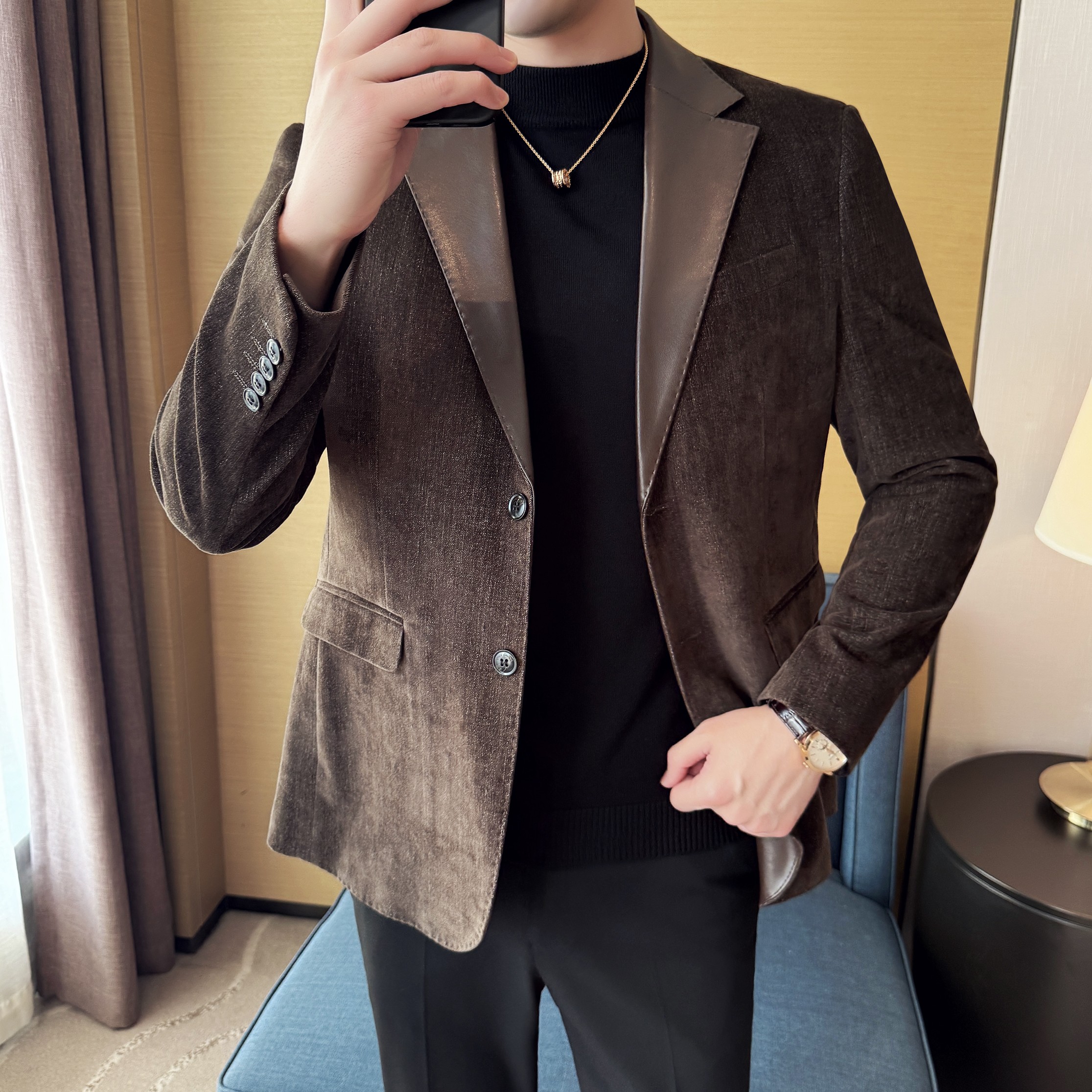 莱赛尔拼皮男士韩版修身西服时尚休闲西装外套DX57-P148，男装西服套装，星座1606-1