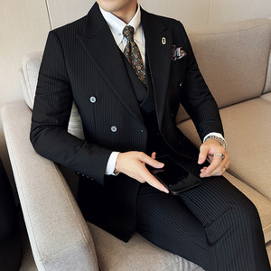 韩版修身西服时尚条纹双排扣西装三件套2410-P275图片