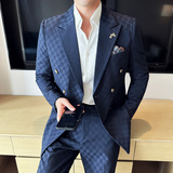 韩版修身时尚潮流西服格子双排扣西装套装2304-P230，男装西服套装，星座1606-1