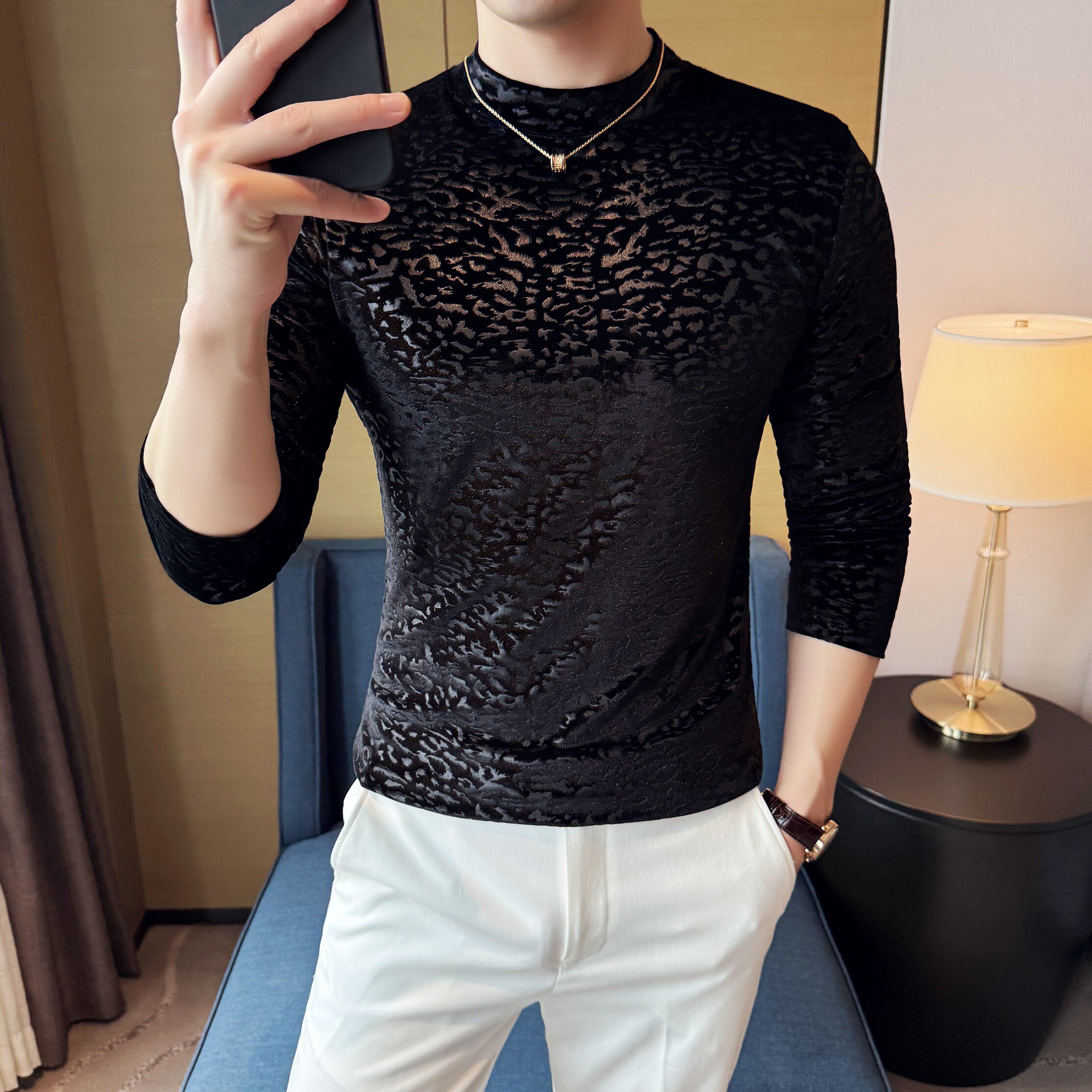 DS040-P48金丝绒豹纹提花半高领男士长袖T恤修身立体打底衫图片