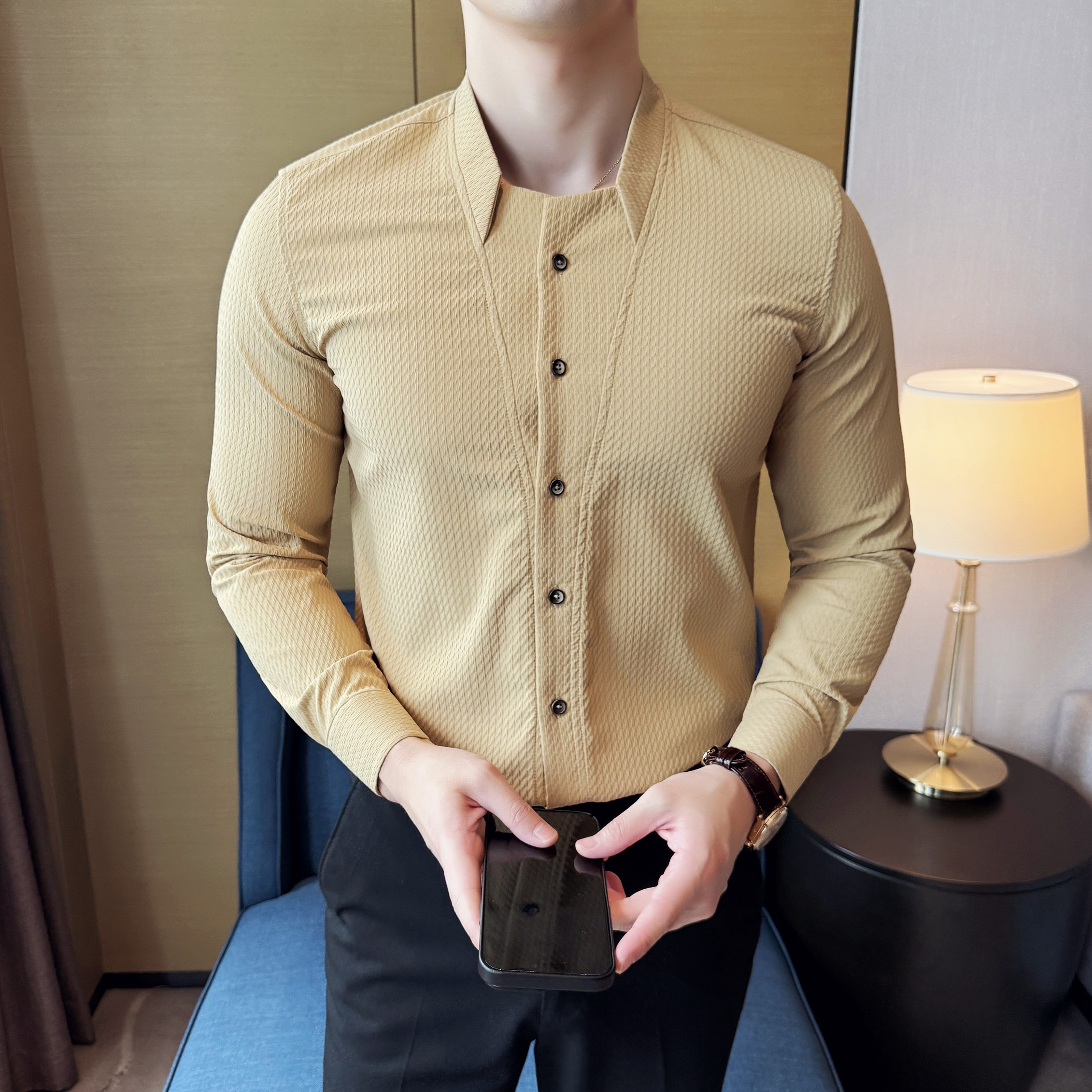 男士立领格纹长袖衬衫商务休闲时尚免熨衬衣男CS047-P63,男装衬衫,星座1606-1