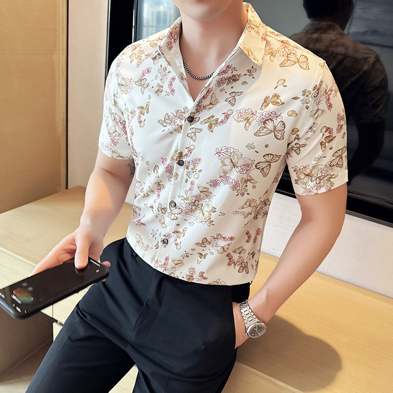 夏季印花短袖衬衣冰丝时尚休闲免熨衬衣男CS036-P58,男装T恤,星座1606-1