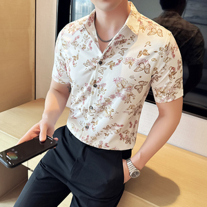 夏季印花短袖衬衣冰丝时尚休闲免熨衬衣男CS036-P58图片