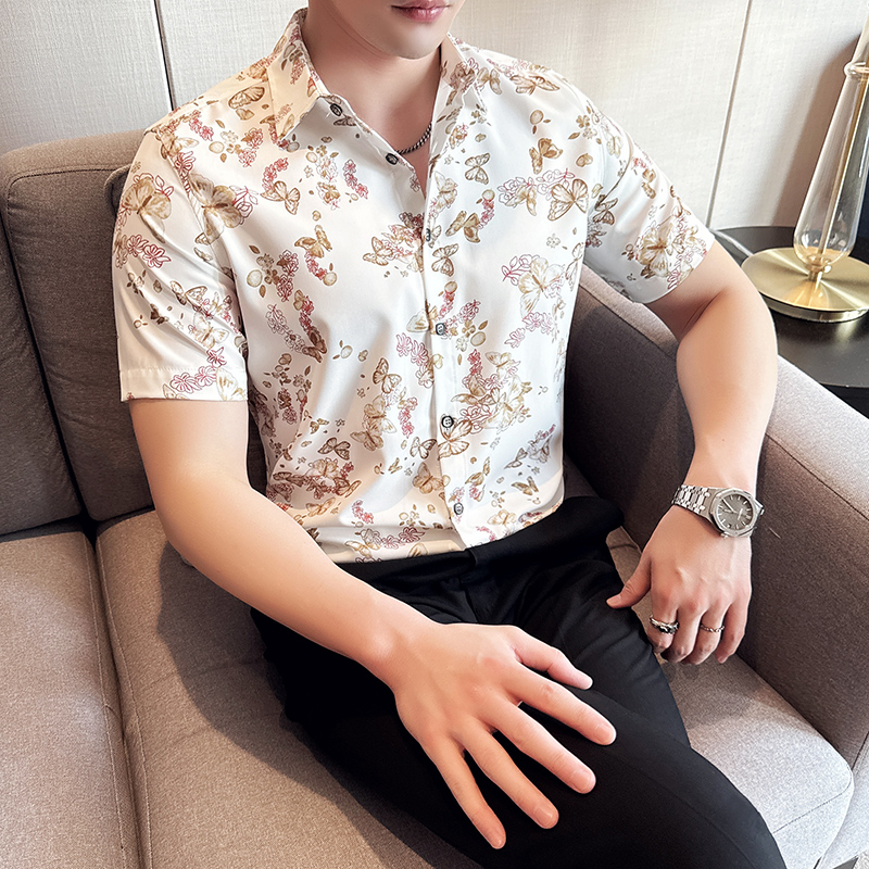 夏季印花短袖衬衣冰丝时尚休闲免熨衬衣男CS036-P58，男装T恤，星座1606-1