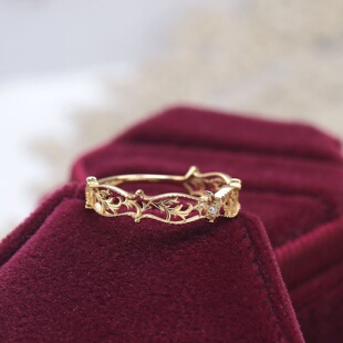 复古宫廷风镂空树叶藤条镶钻戒指女款 925银镀金14K指环金色 新款