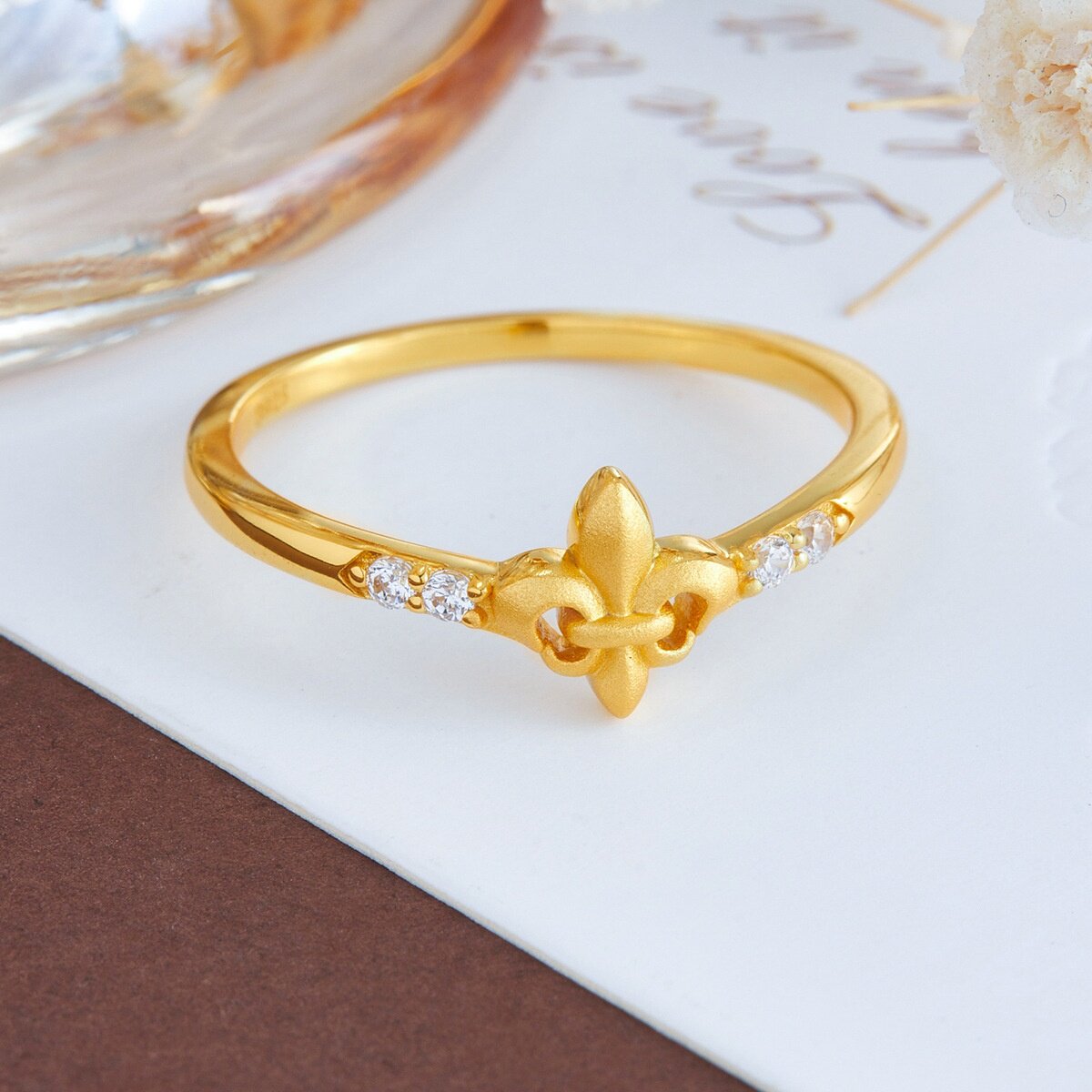 轻珠宝S925银镀18K金鸢尾花戒指女复古喷砂工艺轻奢中古风指环