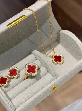 S925红玉髓四叶草项链耳钉套装