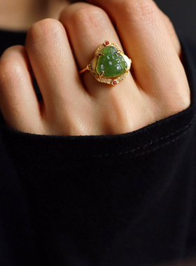 925银镶和田碧玉佛指戒指阳绿