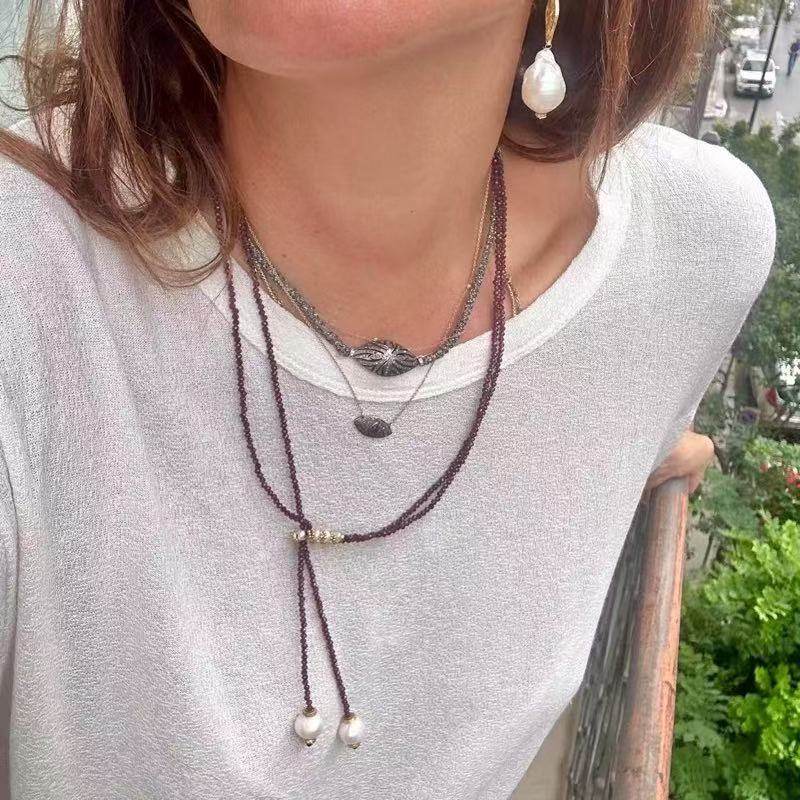 复古法式打结领带金矿石石榴石串珠项链女ins博主同款珍珠坠Y字链,饰品/流行首饰/时尚饰品新,项链,淘宝优惠券,粉丝福利购,淘宝优惠卷
