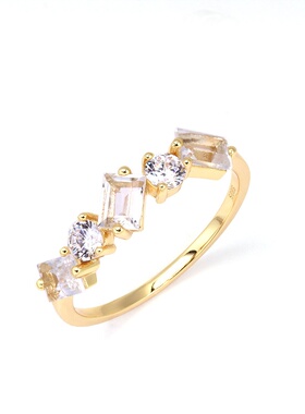 S925银镀14K金白水晶闪钻女戒