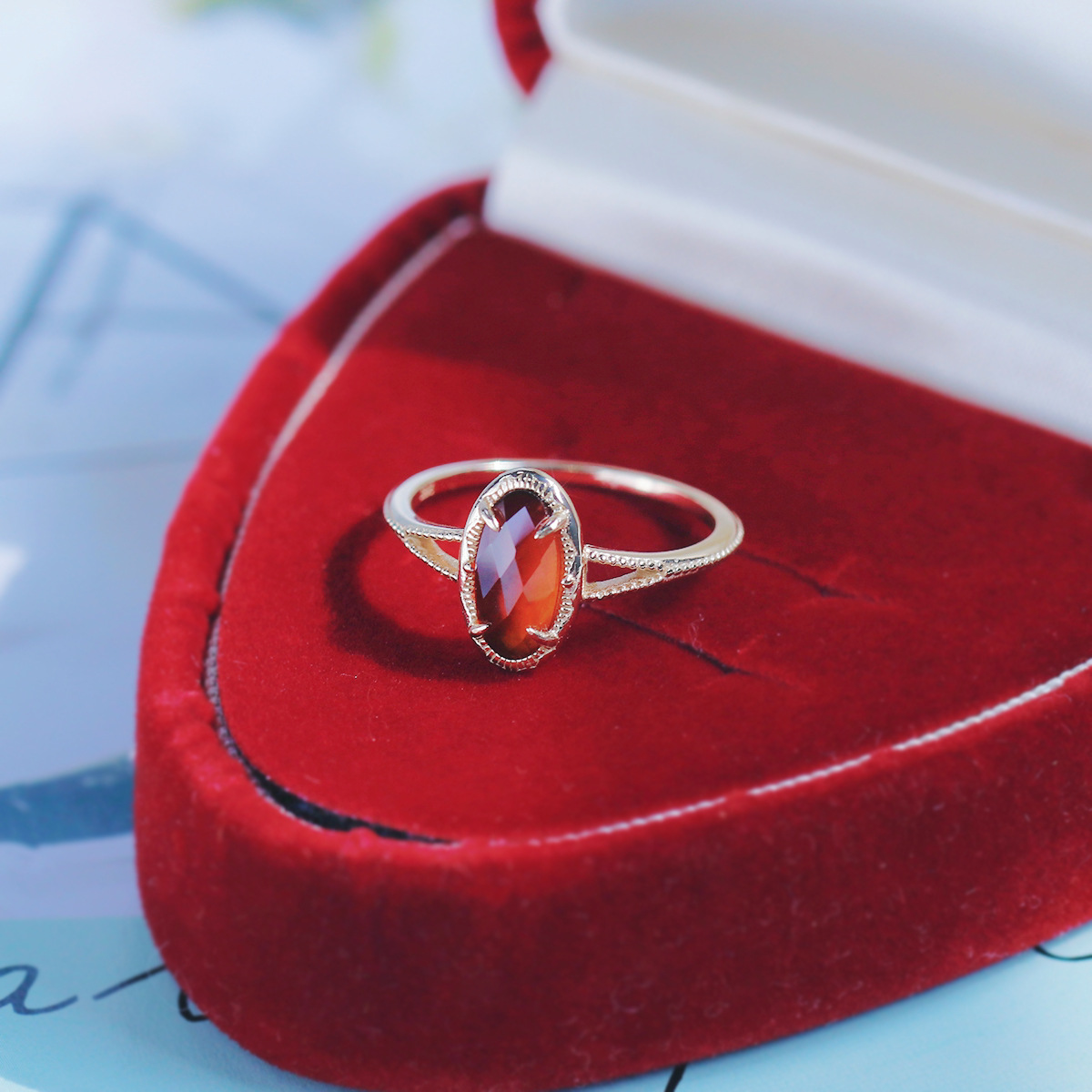 轻奢珠宝日系石榴石戒指925纯银