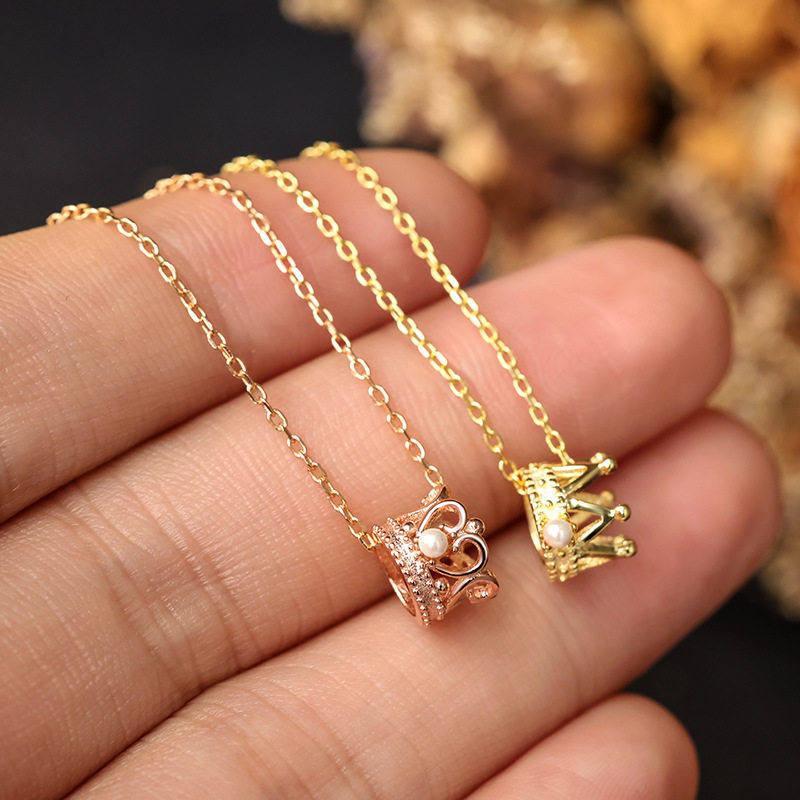 s925银镀黄金珍珠镶钻3D立体皇冠锁骨链吊坠小众公主风叠戴项链