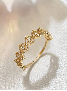 中古蕾丝S925银镀金菱形戒指