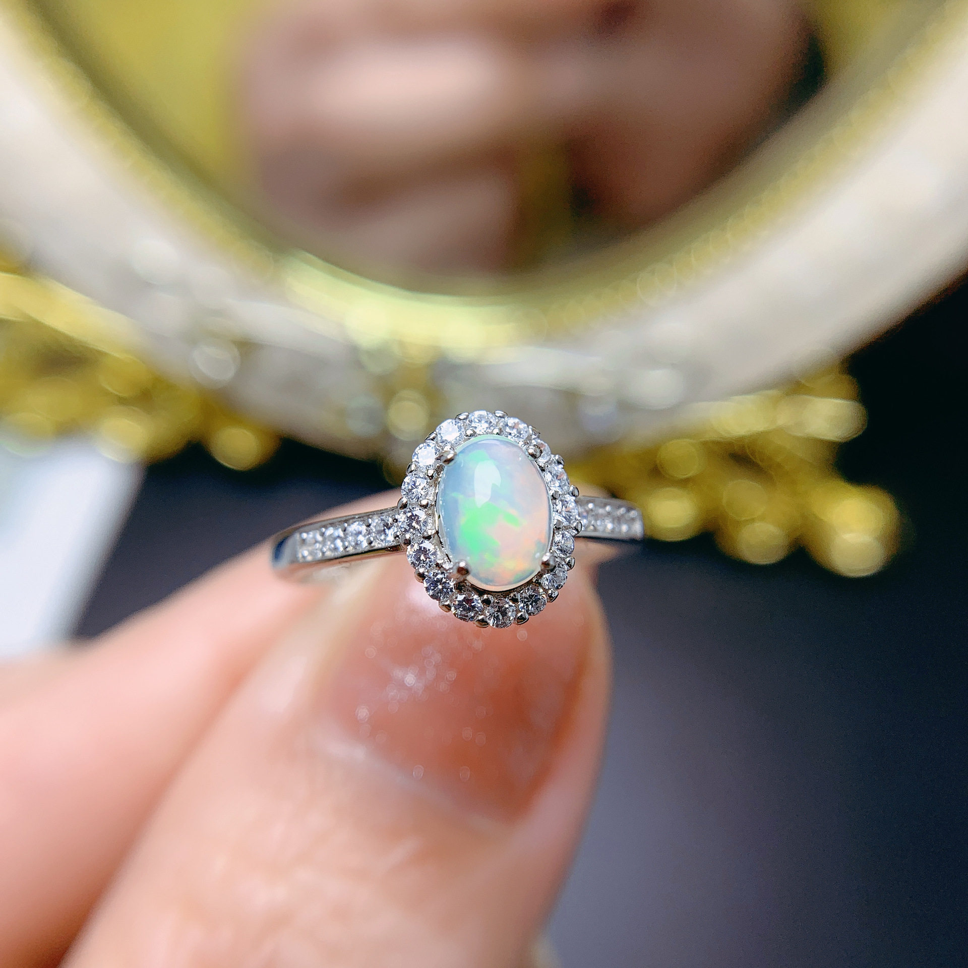 天然欧泊戒指简约设计感925银镶嵌甜美戒彩宝首饰指环开口可调节