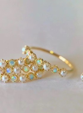 复古珍珠欧泊排戒s925镀18K金