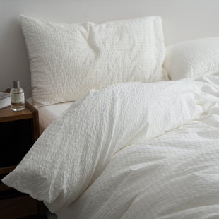 新款 床上用品 全棉泡泡纱四件套纯棉亲肤色织纯色床单被套良品同款