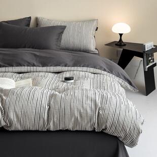 极简侘寂A类四件套全棉纯棉2026新款 床单被套黑白条纹高级感床品