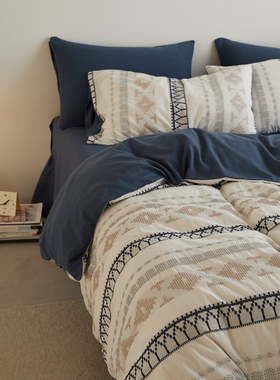 全棉四件套费尔岛风针刺提花四件套被套枕套床单纯棉北欧床上用品