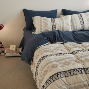 全棉四件套费尔岛风针刺提花四件套被套枕套床单纯棉北欧床上用品