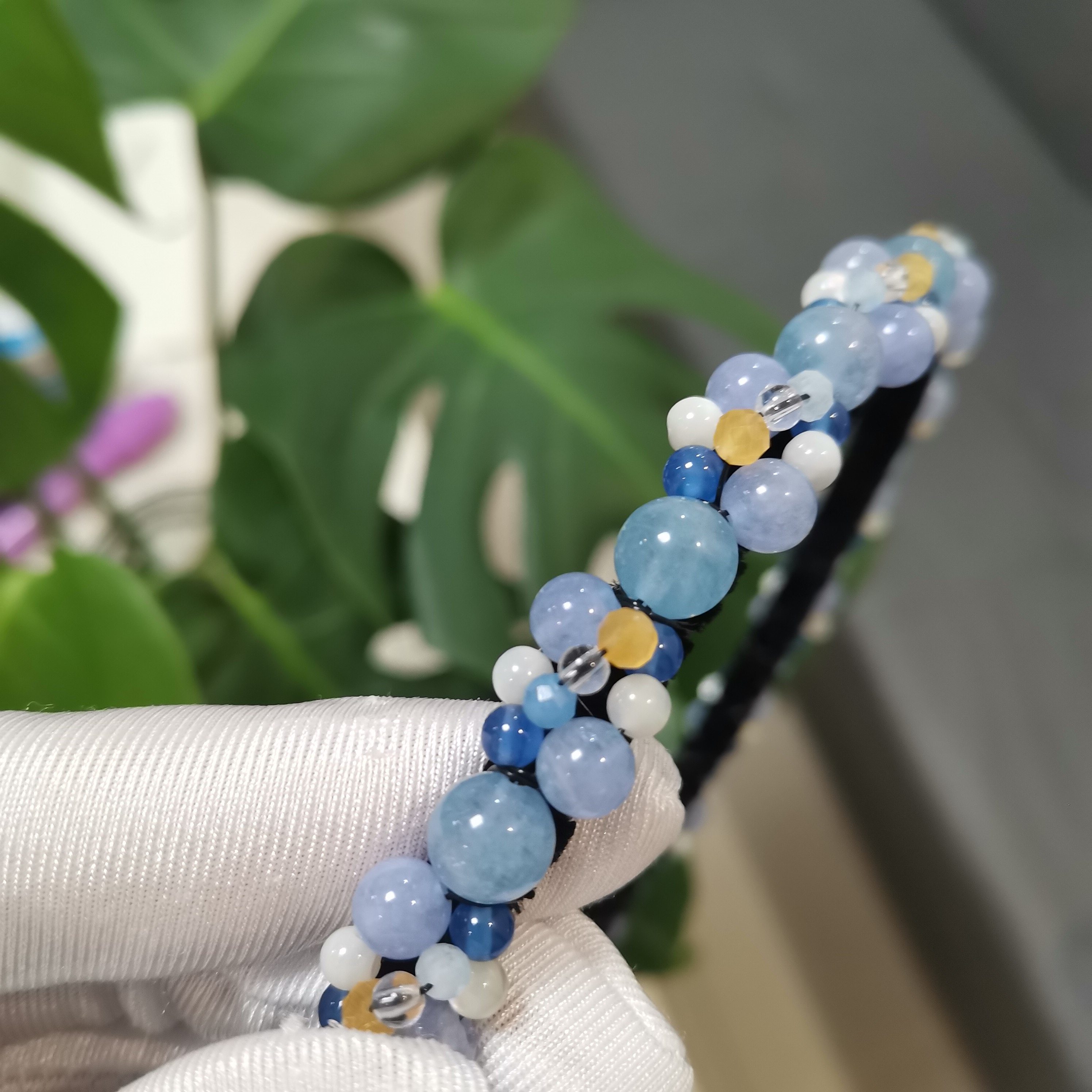 天然多宝水晶石发卡发箍头箍发夹小众手工发饰定制蓝玉髓白蝶贝