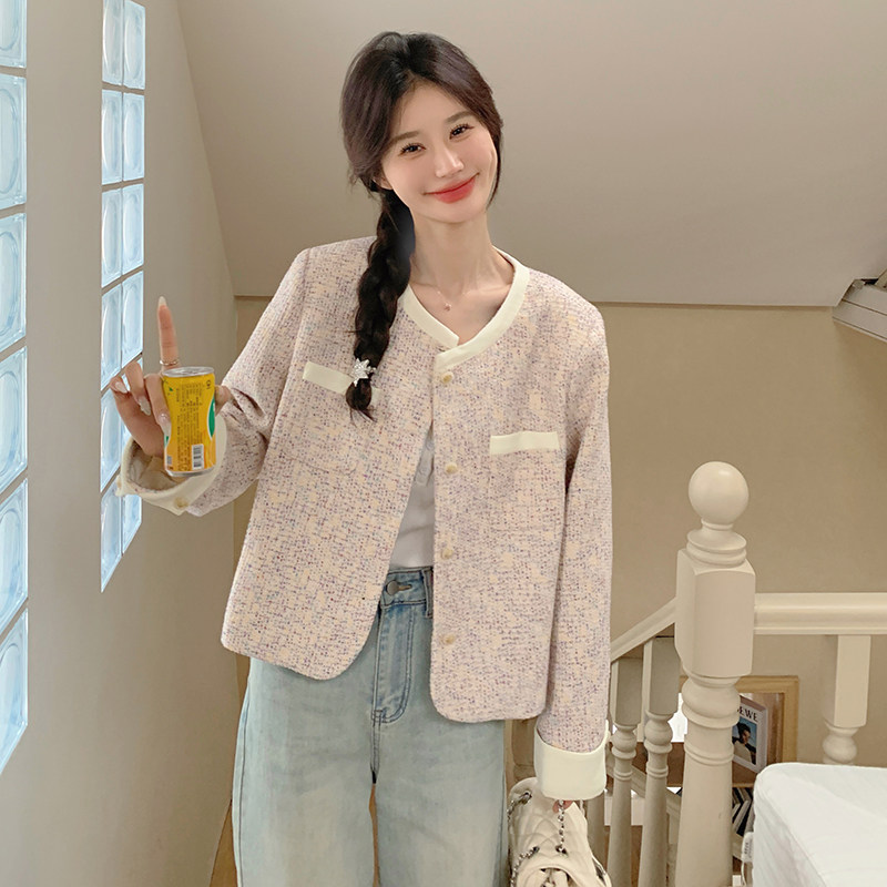 蓝色高端法式小香风外套2025新款女短款春秋气质显瘦精致撞色上衣，女装短外套，浙宝171