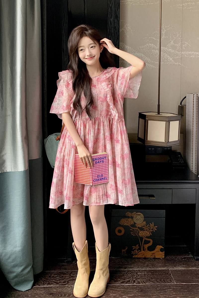 现货2026年夏装新款粉色印花连衣裙XW6987P115K178,女装连衣裙,浙宝171