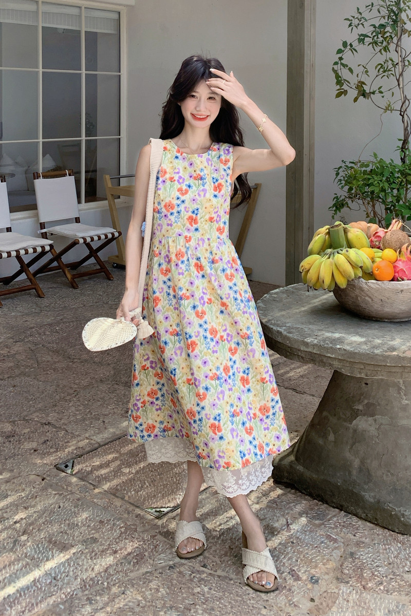 2026年夏新款韩版圆领碎花拼接蕾丝连衣裙XW1082P145K218,女装连衣裙,浙宝171