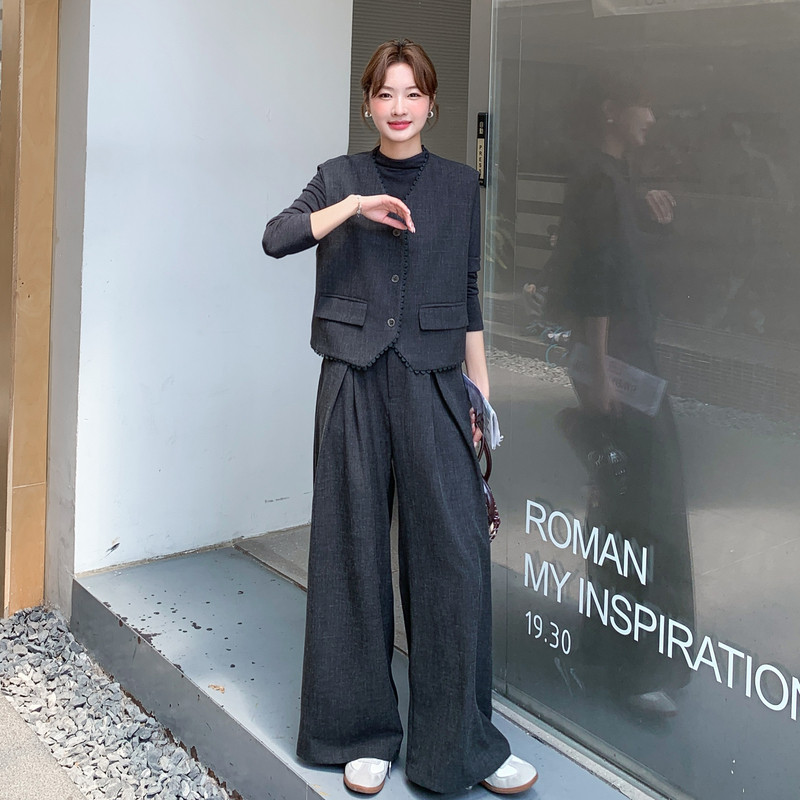 现货2025年深灰色马甲打底衫上衣阔腿长裤三件套XW749P195K298,女装套装/套裙,浙宝171