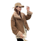 咖色牛角扣短款羊羔毛外套女2024冬季新品皮毛一体麂皮绒加厚棉服，女装短外套，浙宝171