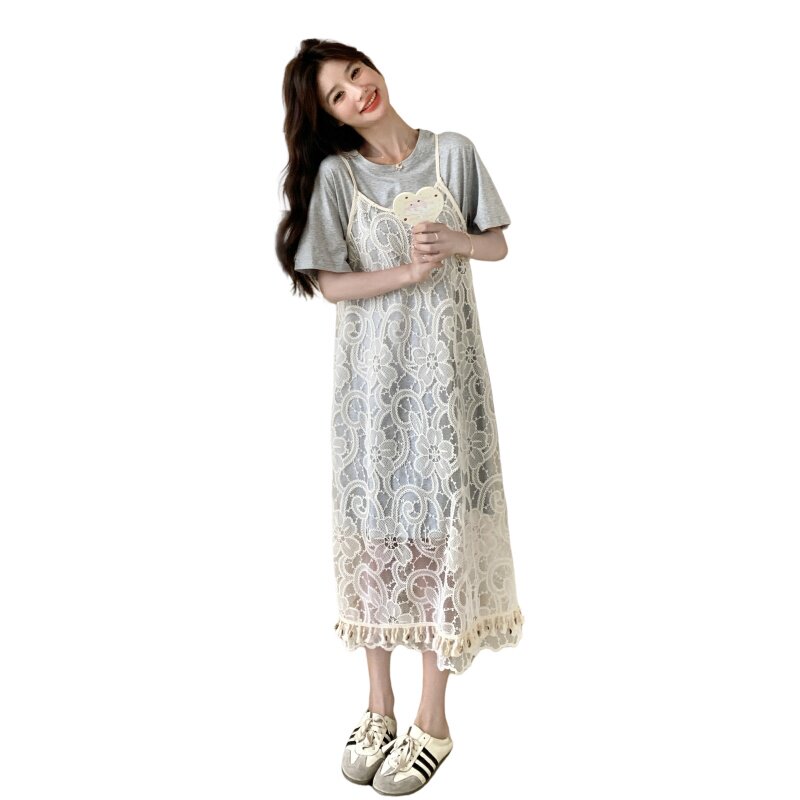2026年夏新款现货灰色韩系蕾丝提花罩衫连衣裙XW1128P145K218,女装连衣裙,浙宝171