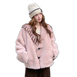 现货冬装新款粉色复古麂皮毛绒翻领羊羔毛外套XW3385P245K368，女装毛呢外套，浙宝171