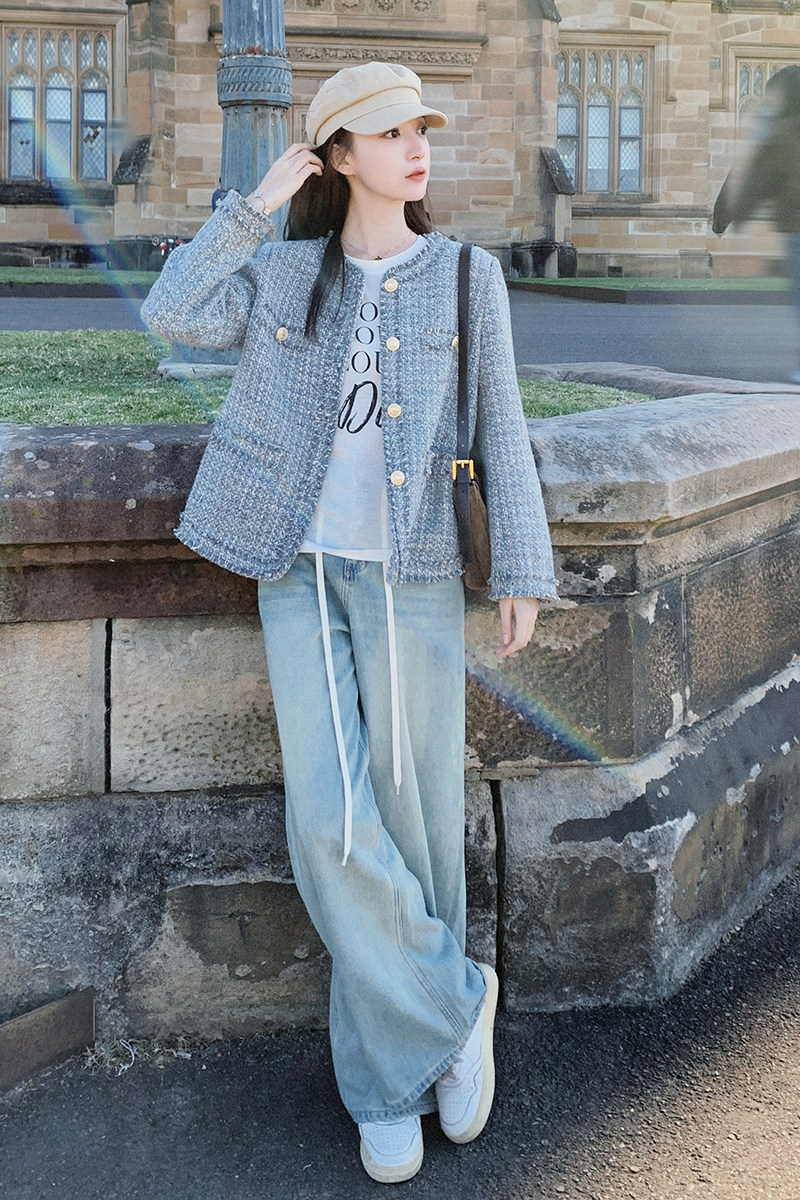 蓝色名媛小香风外套女编织呢2025春季新款韩版高级感休闲百搭夹克,女装短外套,浙宝171