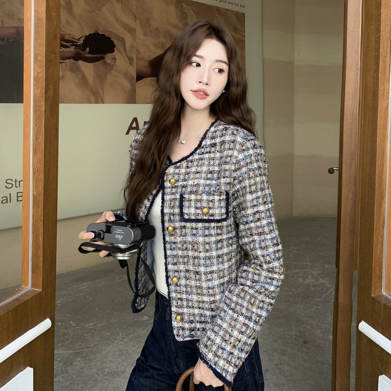 小香风复古格纹粗毛呢百搭外套女春秋2025新款巨好看上衣百搭气质图片