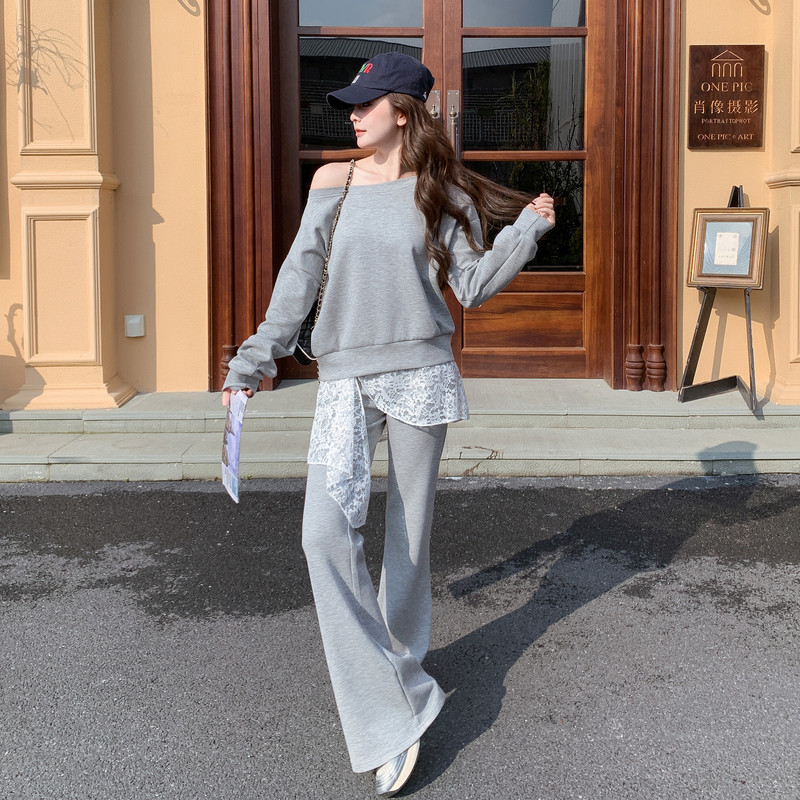 现货2026春秋蕾丝拼接阔腿裤减龄套装XW9816P195K318，女装运动套装，浙宝171