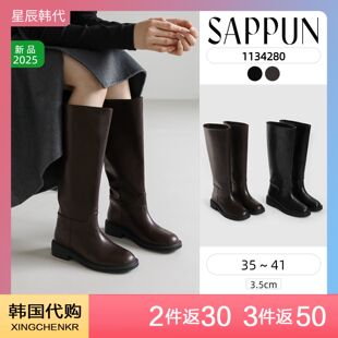SAPPUN 简约百搭圆头长筒靴舒适低跟靴子女2025新款 星辰韩国代购