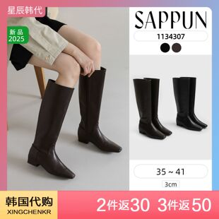SAPPUN 方头粗跟侧拉链靴子 时尚长筒靴女2025新款 星辰韩国代购