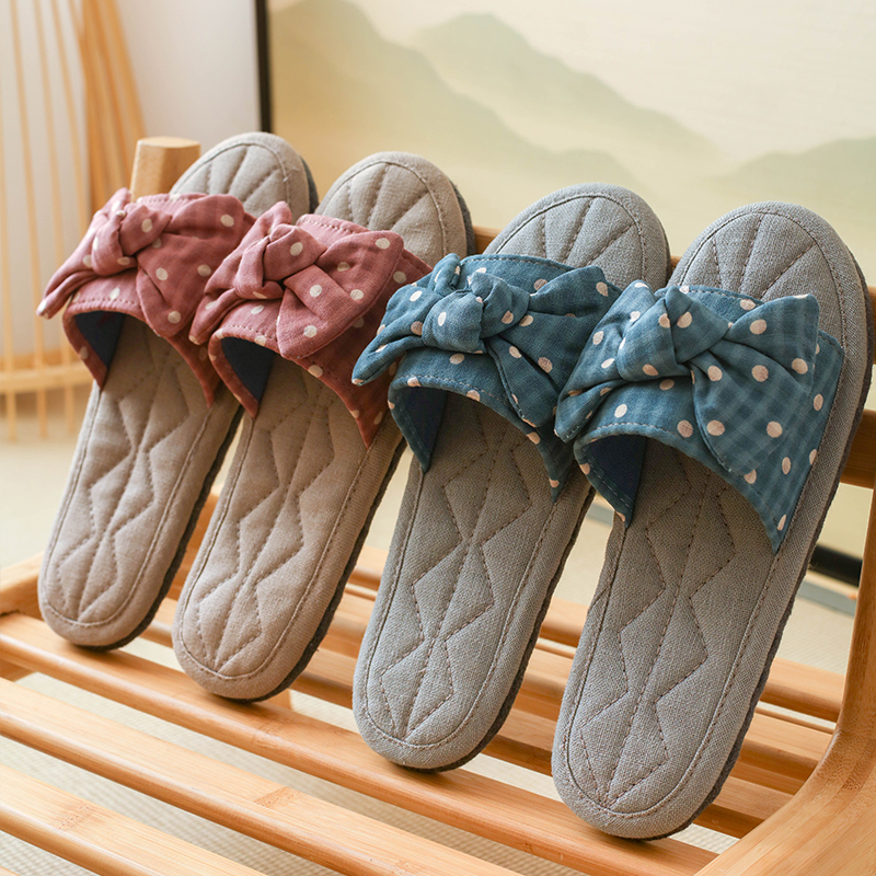 无声布拖鞋女居家用手工蝴蝶结木地板静音机洗环保舒适布底家居鞋
