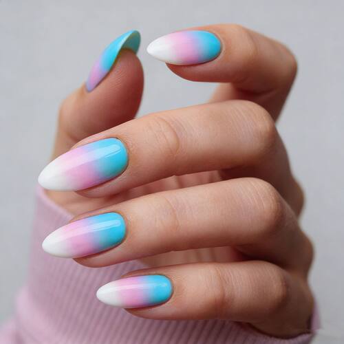 蓝粉渐变杏仁穿戴甲 欧美ins风美甲甲片 24片nails假指甲