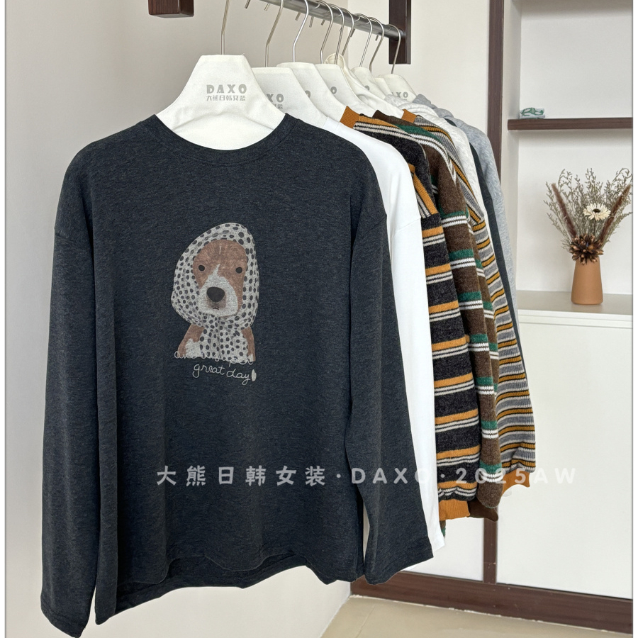 秋冬拉绒圆领卡通印花长袖打底女